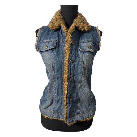 Retro Y2K Western Indie Sleaze Cowgirl McBling Mob Wife Faux Fur Denim Vest L - Picture 2 of 4